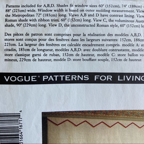 Vogue Pattern for Living Vintage Sewing Roman Shade 1993 4 Styles and Sizes - Picture 5 of 6